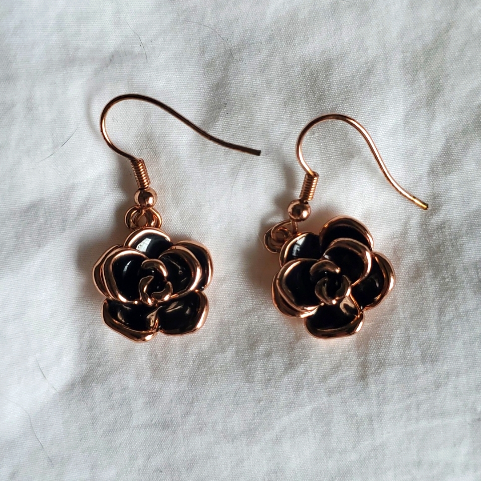 Rose Gold And Black Rose Earrings